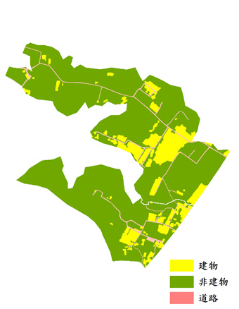 加值應用案例：林口工一工業區將衛星影像圖分析後產出成果圖，以呈現建物、非建及道路的相關範圍及區塊